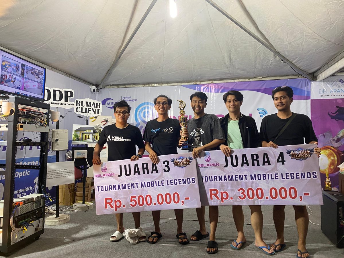 Juara 3 dan Juara 4 Turnamen Mobile Legends DelapanBit berfoto di booth pameran